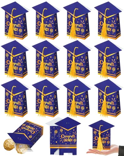 Liobelon 30 Stück Abschlusskappen-Geschenk-Box, Abschlussfeier, Partygeschenke, 2025, Süßigkeiten-Schachteln, Leckerli-Box mit Quaste, Abschlussdekoration, Abschlussfeier, Partyzubehör (blau) von Liobelon