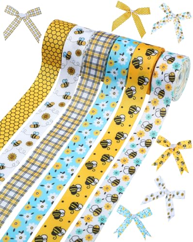Liobelon Hummelband mit Honigbienen- und Blumenmuster, Bastelbänder für selbstgemachte Schleifen, Geschenkverpackungen, Frühlingskränze, Nähzubehör, Gartenparty-Dekoration, 6 Rollen, 30 Meter von Liobelon