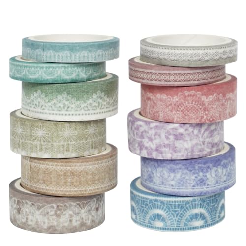 Lioggyet Set mit 12 Rollen Washi-Klebeband mit Spitzenmuster, dekorative Aufkleber aus Papier für Planer, , Tagebücher, Bastelarbeiten und vieles mehr. von Lioggyet