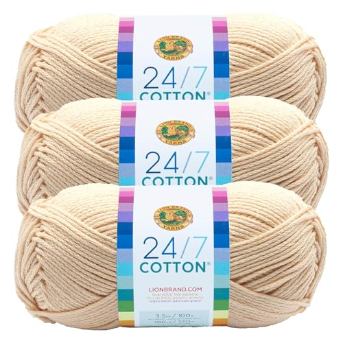 Lion Brand 24/7 Baumwollgarn, leichtes Garn zum Stricken, Häkeln und Basteln, Ecru, 3er-Pack von Lion Brand Yarn