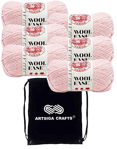 Lion Brand Wool Ease Garn Blush Heather 620–104 (6 Knäuel) gleiche Färbung, Lot Kammgarn, Größe M, #4, Bündel mit 1 Artsiga Basteltasche von Lion Brand Yarn