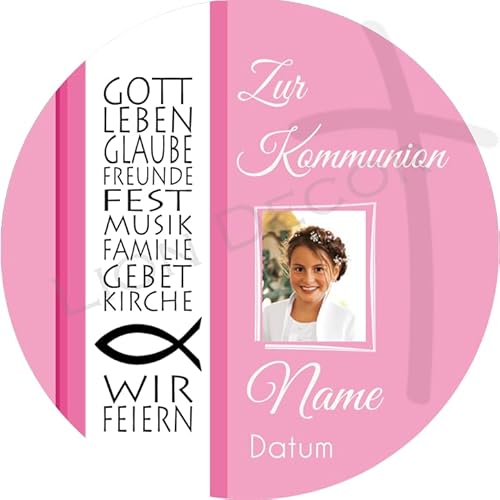 Tortenaufleger KOMMUNION2 I GEBURTSTAG I KONFIRMATION I TAUFE I HOCHZEIT I FIRMUNG... personalisiert mit Wunschtext & Datum/mehr Farben zur Auswahl / 20 cm Ø (rosa) von Lion-Decor GmbH