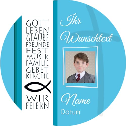 Tortenaufleger KOMMUNION2 I GEBURTSTAG I KONFIRMATION I TAUFE I HOCHZEIT I FIRMUNG... personalisiert mit Wunschtext & Datum/mehr Farben zur Auswahl / 20 cm Ø (türkis) von Lion-Decor GmbH