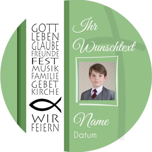 Tortenaufleger KOMMUNION2 I GEBURTSTAG I KONFIRMATION I TAUFE I HOCHZEIT I FIRMUNG... personalisiert mit Wunschtext & Datum/mehr Farben zur Auswahl / 20 cm Ø (grün) von Lion-Decor GmbH