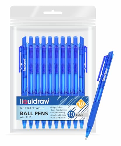 Liquidraw Blaue Kugelschreiber, Set mit 10 einziehbaren blauen Kugelschreibern, mittlere Spitze, 1,0 mm, blaues Stift-Set, glattes Schreiben, bequemer Griff, Klickstifte für Zuhause, Schule und Büro von Liquidraw