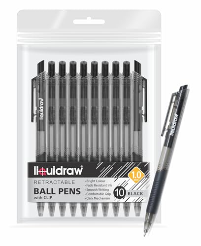 Liquidraw Kugelschreiber-Set, Schwarz, 10 Stück, einziehbar, mittlere Spitze, 1,0 mm, Kugelschreiber-Set, glattes Schreiben, bequemer Griff, Klickstifte für Zuhause, Schule und Büro (schwarz) von Liquidraw