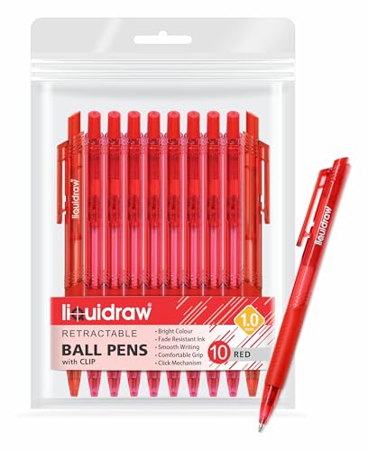 Liquidraw Kugelschreiber-Set mit 10 einziehbaren roten Kugelschreibern, mittlere Spitze, 1,0 mm, rotes Stift-Set, glattes Schreiben, bequemer Griff, Klickstifte für Zuhause, Schule und Büro (rot) von Liquidraw