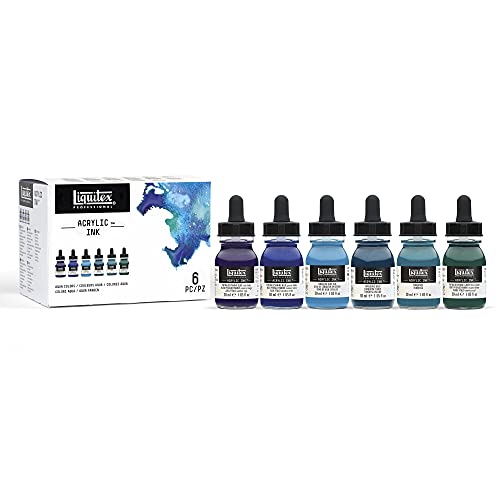Liquitex 3699375 flüssige Professional Acrylfarben - Ink, Tusche im Set, hochpigmentierte Airbrushfarbe,Wassertöne 6 Farben a 30ml von Liquitex
