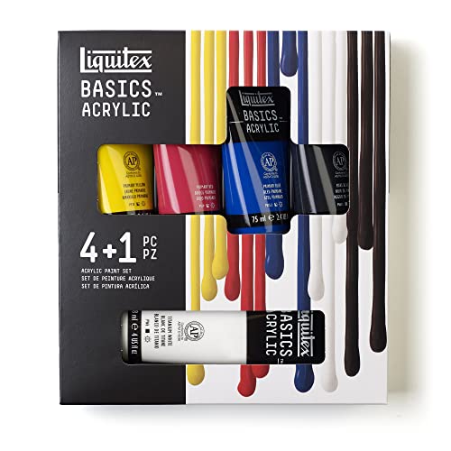 Liquitex 3699406 Basics - Acrylfarbe, monopigmentierte Künstlerpigmente, lichtecht, mittlere Viskosität, seidenglänzender Finish - 4 Farben in 75ml + 1 X 118ml Tuben, Acrylfarben Set von Liquitex