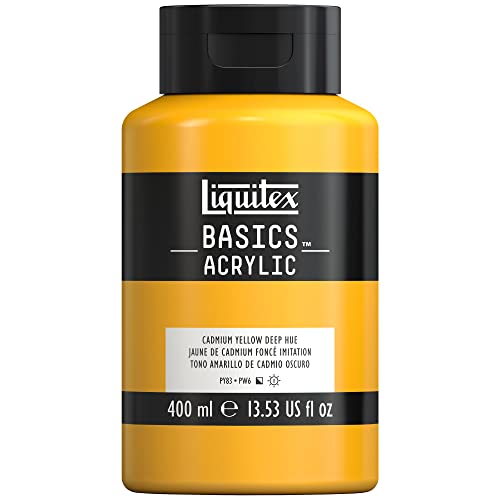 Liquitex 8870316 Basics - Acrylfarbe, monopigmentierte Künstlerpigmente, lichtecht, mittlere Viskosität, Archivqualität, seidenglänzender Finish, 400ml Flasche - Kadmiummiumgelb dunkel Farbton von Liquitex