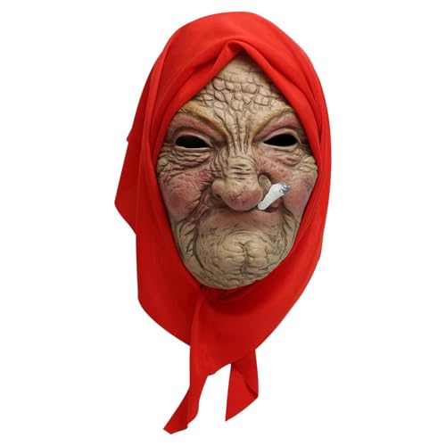 Oma Headgear zur Gesichtsbedeckung, lustiger Latex-Gesichtsschutz für alte Frauen mit rotem Turban | Atmungsaktives Cosplay-Zubehör für Erwachsene, von Liqzirtu
