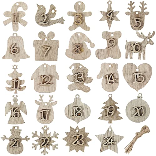 24 Holzzahlen Anhänger,Adventskalender Zahlen Holz,1-24 Weihnachtsdeko,mit 24 Juteschnur,für Weihnachten Adventskalender,Weihnachtsbaum Deko von Lircentoud