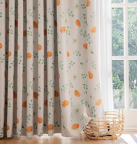 Lirzxin Gardinen Lichtundurchlässig mit Haken 214 cm Lang, Vorhänge Verdunkelung Orange Grün Blumen Blätter Muster Vorhang für Wohnzimmer Schlafzimmer Kinderzimmer 102x214 cm(B×H), 2er Set von Lirzxin
