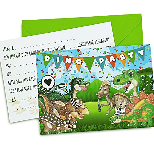 Lisati 12 hochwertige GLITZER Dino Einladungskarten mit grünen Briefumschlägen für Kinder, Jungen und Mädchen zum Geburtstag, Kindergeburtstag, zur Kinderparty von Lisati