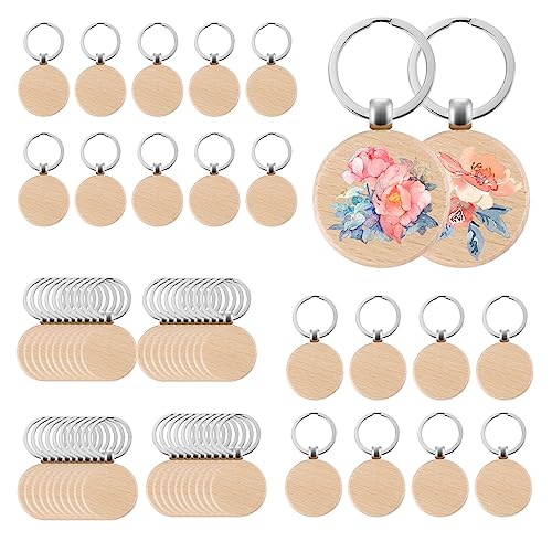 Liseng 60 Pieces Empty Round Wooden Key Pendant DIY Wooden Key Pendant Key Pendant Can DIY Gifts Engraving von Liseng