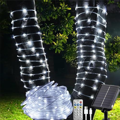 Litark Solar-Lichterkette für den Außenbereich mit Fernbedienung, 200 LEDs, 200 LEDs, USB-Aufladung, 8 Modi, wasserdicht, solarbetriebene Lichterkette für Garten, Balkon, Baumdekoration, Kaltweiß von Litark