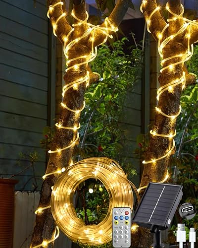 Litark Solar-Lichterkette für den Außenbereich mit Fernbedienung, 200 LEDs, 200 LEDs, USB-Aufladung, 8 Modi, wasserdicht, solarbetriebene Lichterkette für Garten, Balkon, Baumdekoration, Warmweiß von Litark