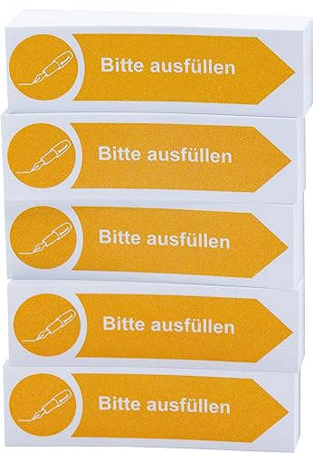 Litfax Haftnotizen Klebezettel "Bitte ausfüllen", 5 Stück je 100 Blatt Sticky Notes – Post It Haftstreifen in Gelb mit Pfeilrichtung nach rechts von Litfax