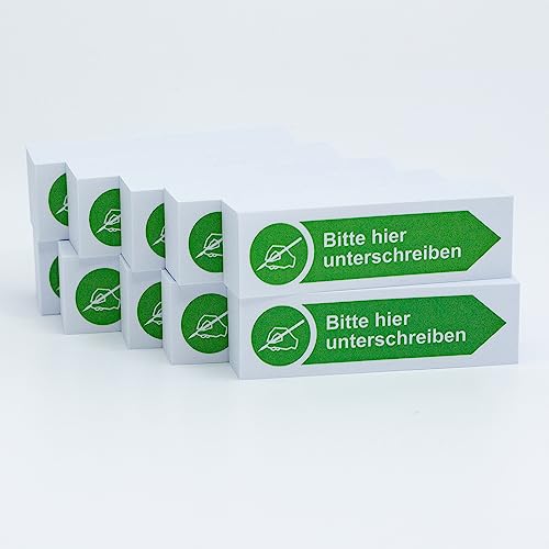 Litfax Haftnotizen Klebezettel "Bitte hier unterschreiben", 10 Stück je 100 Blatt Sticky Notes – Post It Haftstreifen in Grün mit Pfeilrichtung nach rechts von Litfax