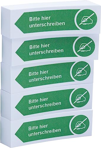 Litfax Haftnotizen Klebezettel "Bitte hier unterschreiben", 5 Stück je 100 Blatt Sticky Notes – Post It Haftstreifen in Grün mit Pfeilrichtung nach links von Litfax