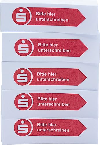 Litfax Sparkasse Haftnotizen "Bitte hier unterschreiben" Klebestreifen - 100 Blatt Sticky Notes je Block - Post It Haftstreifen (Sparkasse - Pfeil Rechts, 5er Blöcke) von Litfax