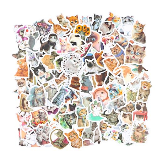 Litinliv 100 Stück Cute Kawaii Sticker Set Katze, Wasserfarben Katze Aufkleber, süße Katzen Aufkleber wasserfeste, Karikatur Katze Aufkleber für Scrapbooking Laptop Gepäck Skateboard von Litinliv