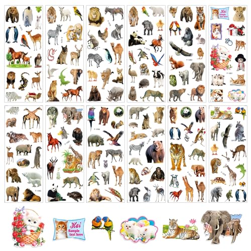 Litinliv 12 Blätter Realistische Tier Aufkleber, Wasserdichte Aufkleber, 3D Puffy Aufkleber, Zoo-Tier-Aufkleber für Jugendliche, Lustige Tiermuster Aesthetic Aufkleber Für Jugendliche von Litinliv