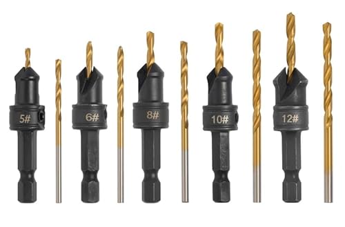 Litorange 10-teiliges Kegelsenker-Bohrer-Set, Senkbohrer-Bits für Holz, 6,35 mm Sechskantschaft, #5, 6, 8, 10, 12, inklusive 5 austauschbaren Bohrern Litorange 10-teiliges Kegelsenker-Bohrer-Set, Senkbohrer-Bits für Holz, 6,35 mm Sechskantschaft, #5, 6, 8, 10, 12, inklusive 5 austauschbaren Bohrern von Litorange
