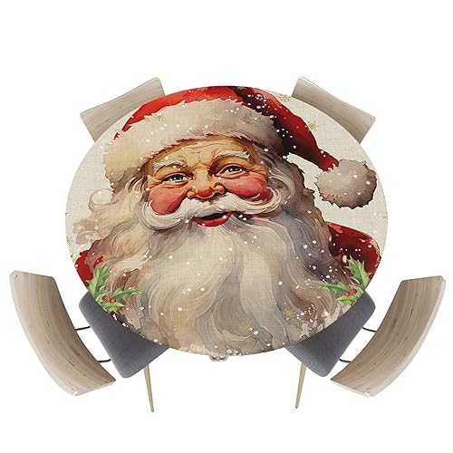 Runde Tischdecke, Weihnachten, niedlich, Weihnachtsmann, Schneeflocke, kreisförmig, wasserdicht, Tischdecke mit elastischem Rand, Beeren, Retro, Vintage, Leinen, Outdoor-Tischdecken für Küche von Litter Star
