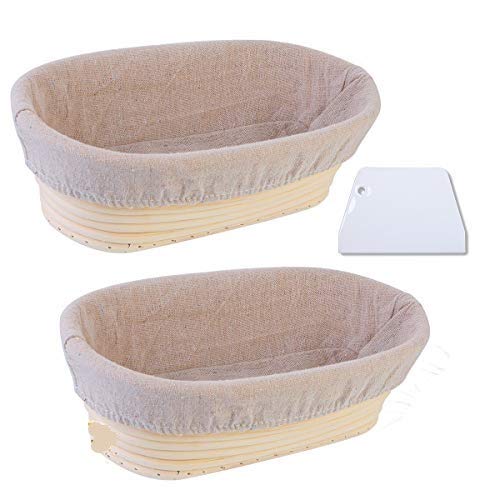 Litthing 2 Pcs Gärkorb ovales Gärkörbchen für Brot 25 x 15 x 8 cm Banneton Korb,Gärkorb aus Peddigrohr,Brotform Gärkorb mit Teigschaber und Leinensatz für selbstgemachtes Brot von Litthing