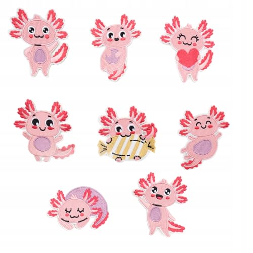8er Set Axolotl Aufnäher – Aufbügler für Kleidung & Accessoires – Applikationen für Kinder & Erwachsene – Bügelbilder in Rosa mit niedlichen Motiven von Little Angel