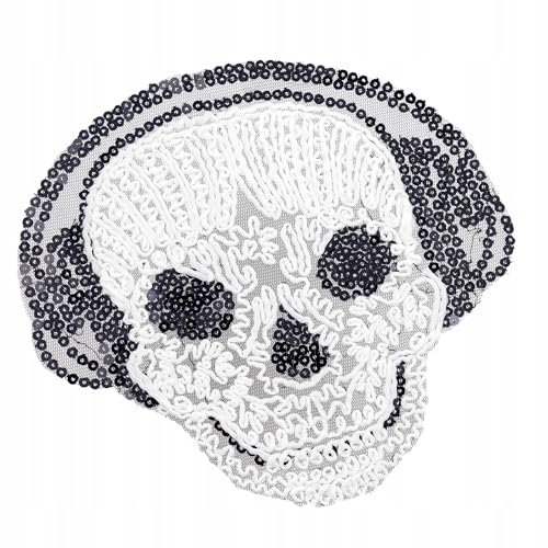 Großer Totenkopf Aufnäher mit Pailletten – 20,5 x 23 cm – Skull Applikation zum Aufnähen für Kleidung, DIY Jacken, Taschen – Rock Punk Gothic Look – Schwarz Weiß von Little Angel