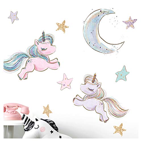 Little Deco Wandaufkleber Einhörner Mond und Sterne I S - 83 x 65 cm (BxH) I Wandtattoo Kinderzimmer Mädchen Babyzimmer Aufkleber Sticker Wandsticker Kinder DL185 von Little Deco