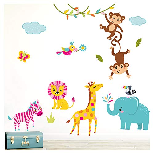 Little Deco Wandaufkleber Kinderzimmer Mädchen Dschungeltiere I 2 A4 Bögen I Wandtattoo Wandsticker Babyzimmer Elefant Tiere Dschungel Affen DL214-1 von Little Deco