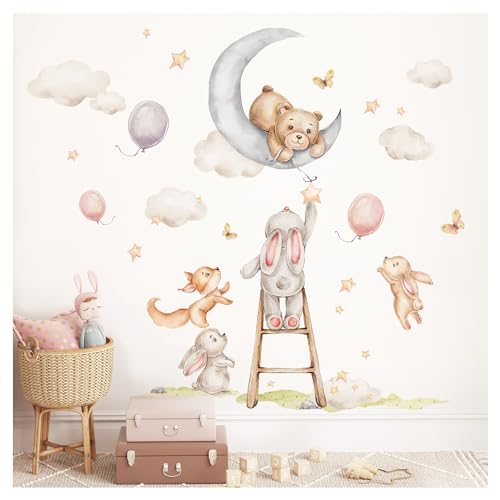 Little Deco Wandsticker Bär auf Mond Kinderzimmer Wandtattoo Waldtiere Luftballons Babyzimmer Wandaufkleber Schlafzimmer Wanddeko DL5016-03 von Little Deco