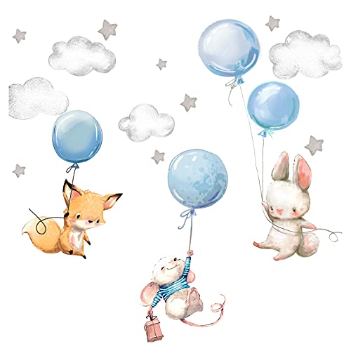 Little Deco Wandsticker Kinderzimmer Wandtattoo Tiere Ballon I Wandbild 100 x 58 cm (BxH) I Sterne Aufkleber Spielzimmer Baby Deko Kinder Junge blau DL611 von Little Deco