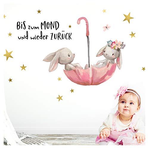 Little Deco Wandtattoo Bis zum Mond & Hasen im Regenschirm I M - 100 x 59 cm (BxH) I Kinderzimmer Babyzimmer Aufkleber Sticker Wandaufkleber Wandsticker DL131 von Little Deco