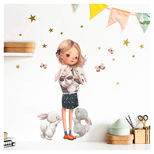 Little Deco Wandtattoo Kinderzimmer Mädchen mit Hase I (BxH) 46 x 32 cm I Wandaufkleber Sterne Wandsticker Blumen Aufkleber Tiere Baby DL211-1 von Little Deco