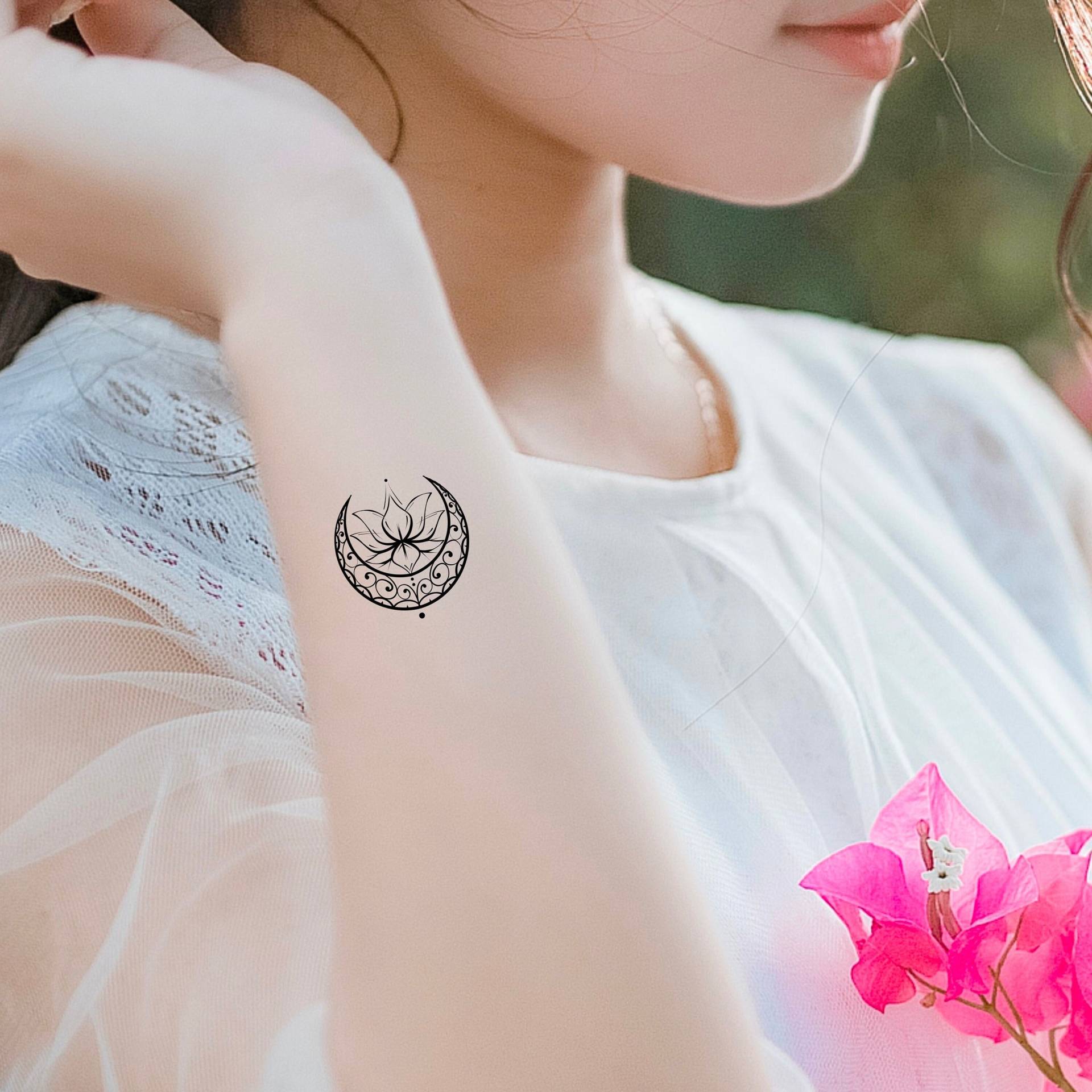 Blumen Lotus Mond Mandala Temporäres Tattoo/Halbmond von LittleCuteTattoo