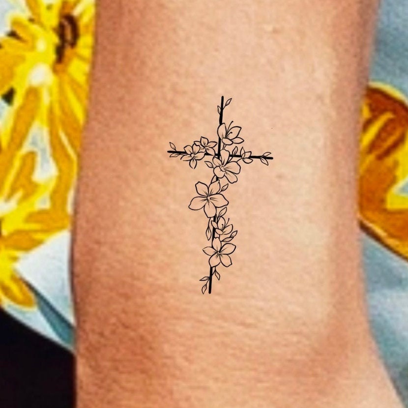 Florales Kreuz Temporäres Tattoo/Kleines Religiöses Wildblumen Florales von LittleCuteTattoo