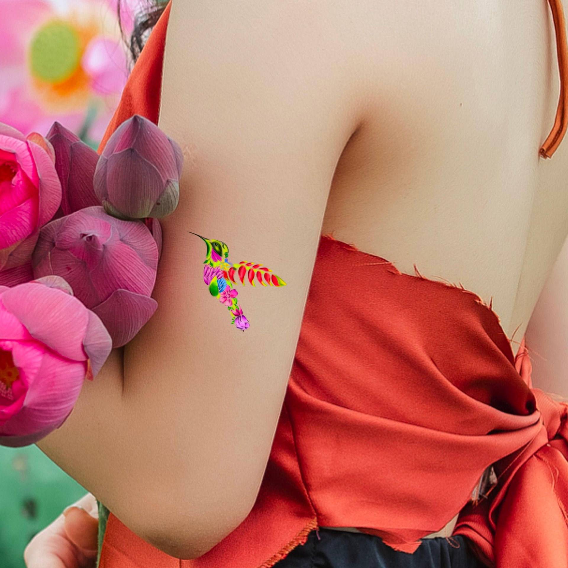 Kolibri Blumen Aquarell Temporäres Tattoo/Florales von LittleCuteTattoo