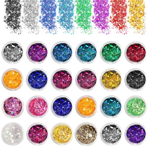 Littlegaofeithing 24 Stück Kosmetik-Glitzer, feine Pailletten, für Gesicht, Haare, Halloween, Party (dunkle und helle Farben) von Littlegaofeithing