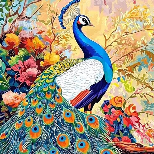Lituor Pfauenblumen -Malen nach Zahlen für Erwachsene,DIY Handgemalt Ölgemälde-Set auf Leinwand mit Pinseln und Acrylpigment für Kinder Anfänger Kunst für Heimdekoration Geschenk mit Rahmen,60x60cm von Lituor