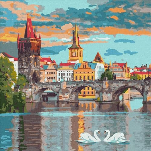 Malen nach Zahlen Erwachsene,Stadtbrückenlandschaft Malen Nach Zahlen Set für Anfänger DIY Digital Ölgemälde Kits auf Leinwand mit Pinseln und Acrylpigment ohne Rahmen für Home Wall Decor 70x70cm von Lituor