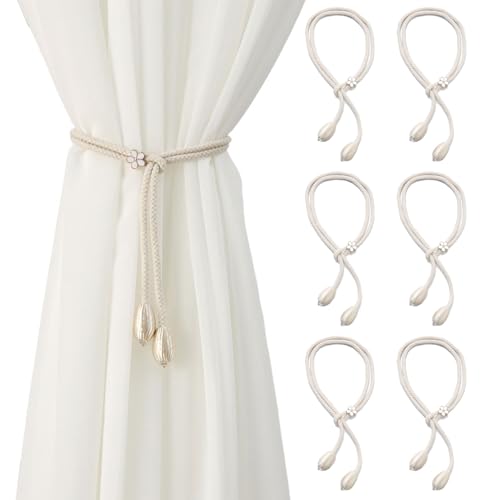 6 STK Vorhang Raffhalter für Vorhänge, Vorhang Halterung Seil, Gardinenhalter, Verstellbare Vorhanghalter, Handgewebt Baumwolle Gardinen Halterung, Gardinen Raffhalter Curtain Tiebacks(Beige) von LiuHancsqd