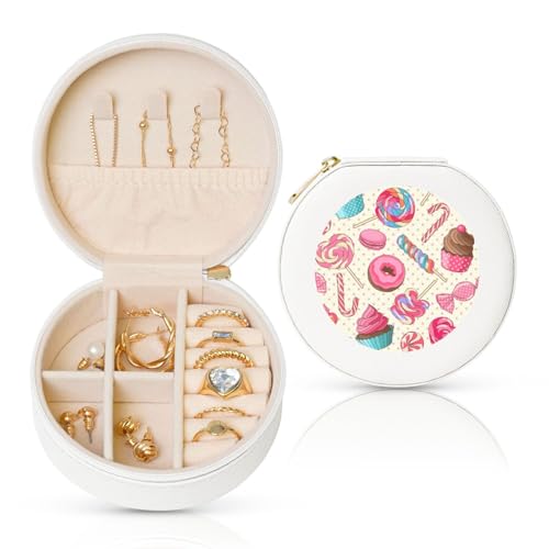 Bunte süße Lutscher-Cupcake-Donut-Schmuckschatulle, rund, Leder von Liulannq