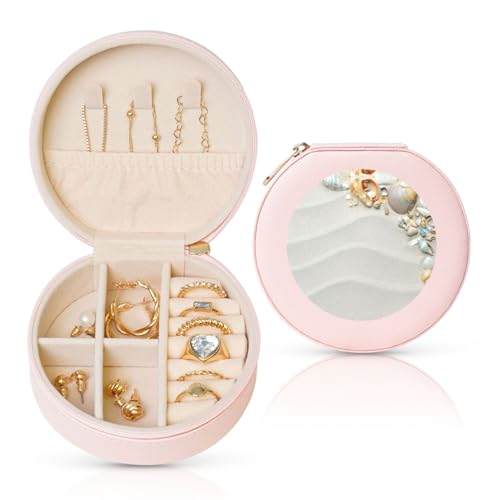 Liulannq Bunte Muscheln und Muscheln, runde Leder-Schmuckschatulle Liulannq Bunte Muscheln und Muscheln, runde Leder-Schmuckschatulle von Liulannq