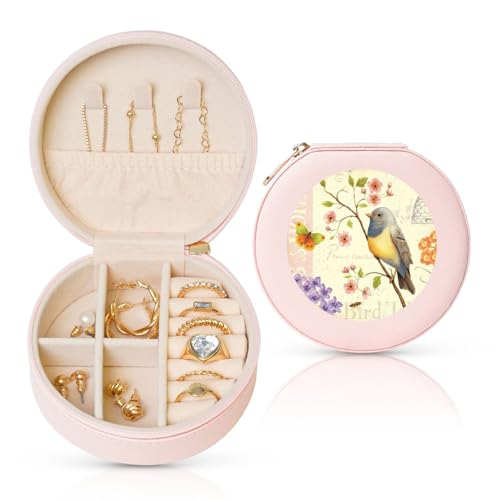 Liulannq Runde Leder-Schmuckschatulle mit Frühlingsvogel und Blumen von Liulannq