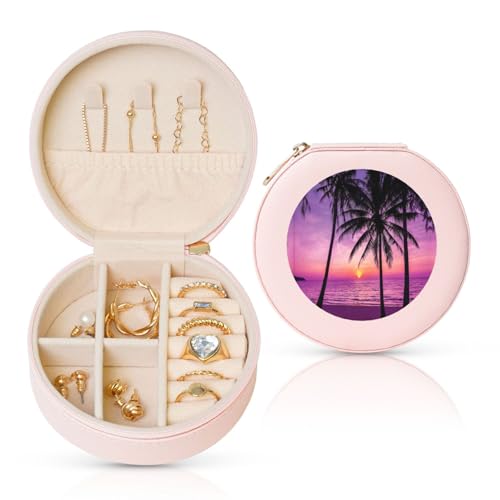 Liulannq Runde Schmuckschatulle aus Leder, Motiv: Palme, Sonnenuntergang von Liulannq