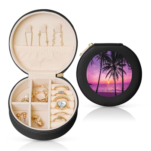 Liulannq Runde Schmuckschatulle aus Leder, Motiv: Palme, Sonnenuntergang von Liulannq